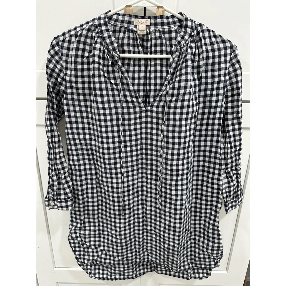 J.Crew XXS Navy & White Gingham Check Linen Blend Tunic Top Blouse Shirt‎